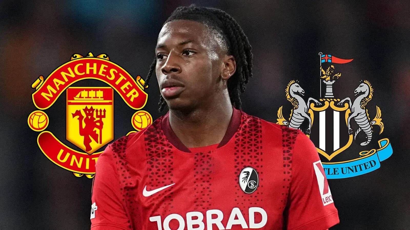 Player in red jersey with Manchester and Newcastle logos