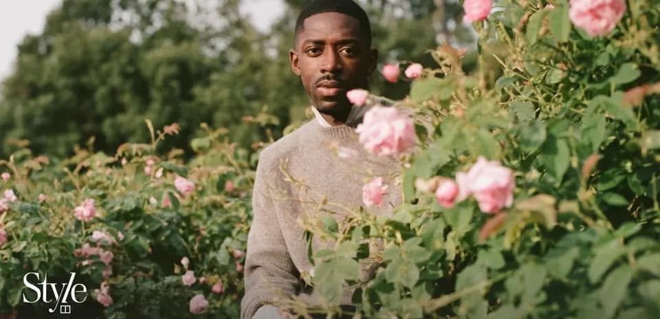 Person sitting among blooming pink roses