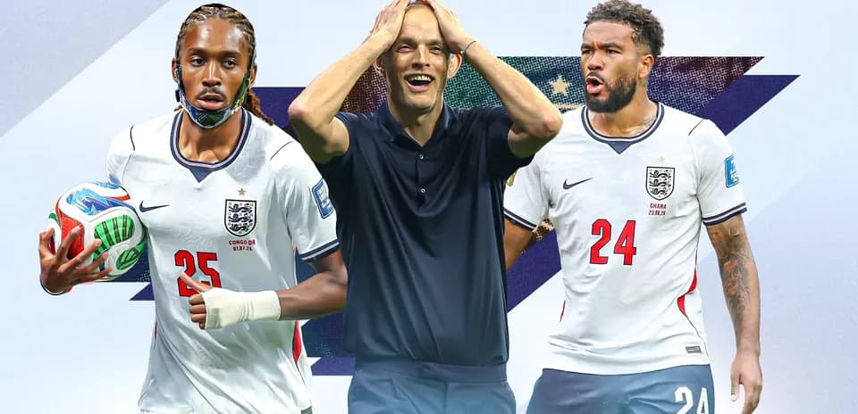 Three soccer players in England kits with a coach