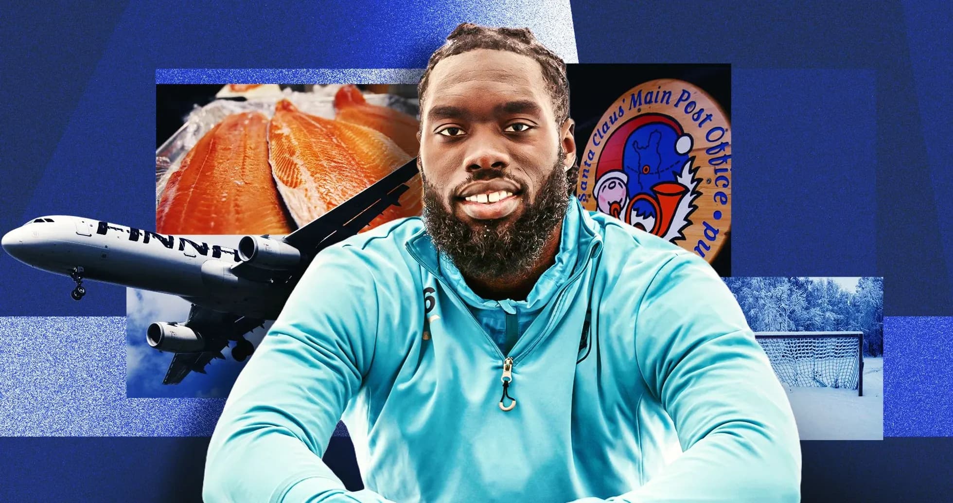 Athlete in turquoise jacket with various backgrounds