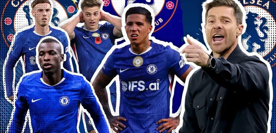 Chelsea players and coach in graphic design backdrop