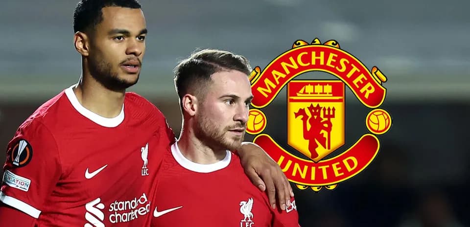 Two Liverpool players posing with club logo background