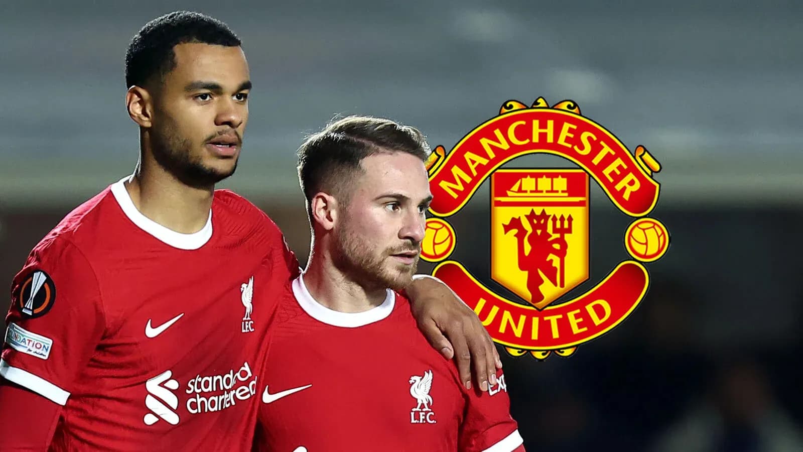Two Liverpool players posing with club logo background