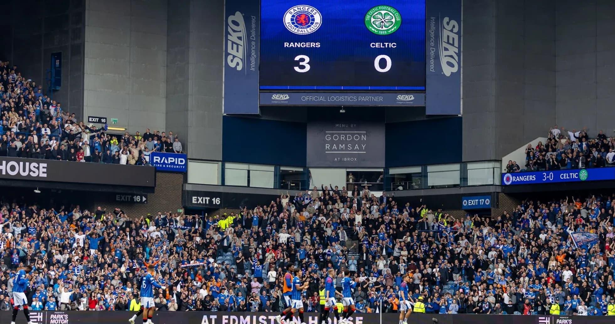 Scoreboard showing Rangers 3, Celtic 0 at Ibrox