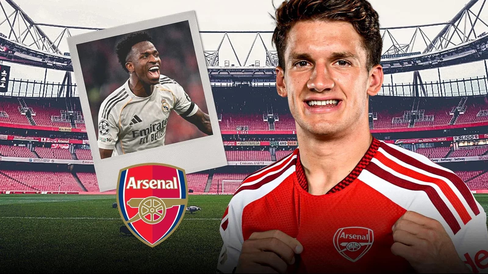Player in Arsenal kit smiling at stadium