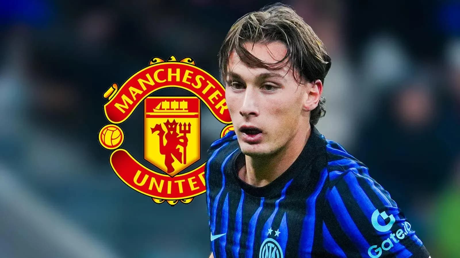 Player in action with Manchester United logo background