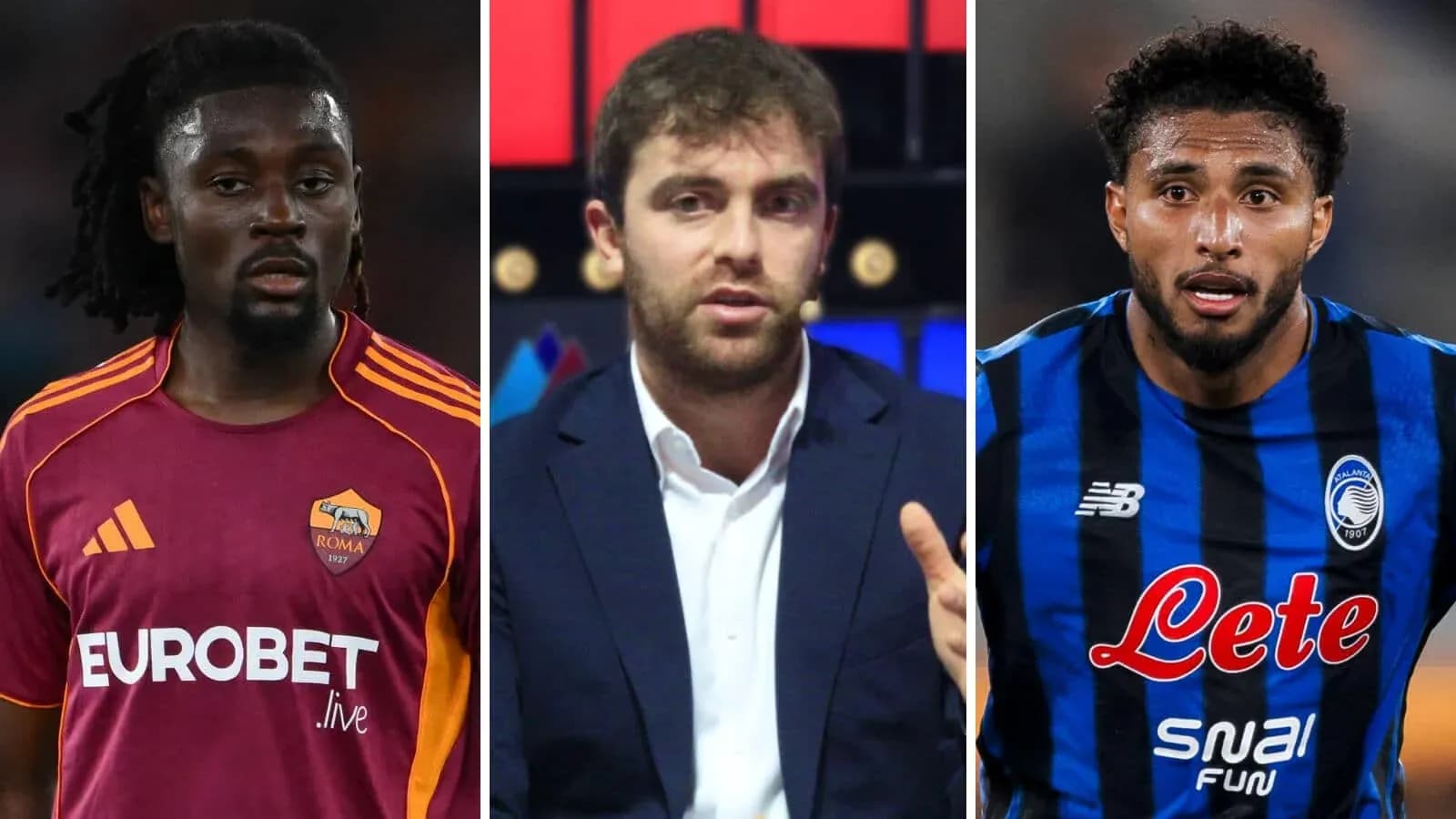 Three individuals: two football players and a commentator