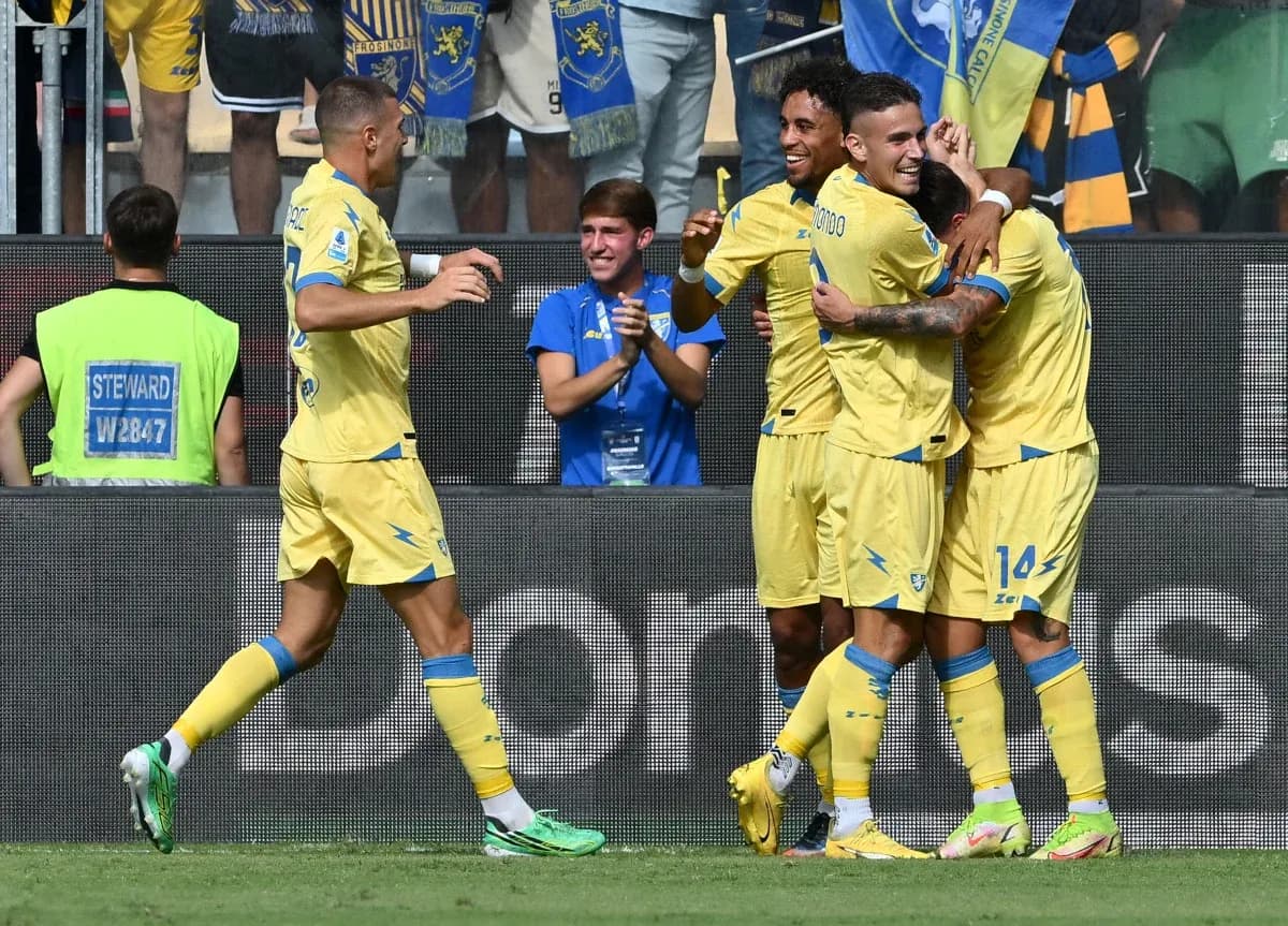Frosinone players celebrating a goal during match Frosinone players celebrating a goal during match