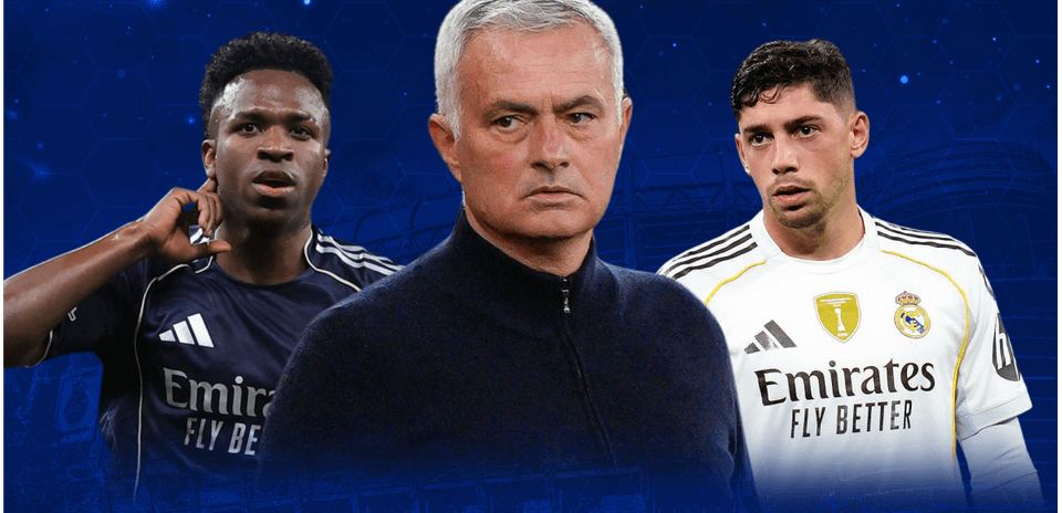 Vinícius Jr., José Mourinho, and Federico Valverde collage