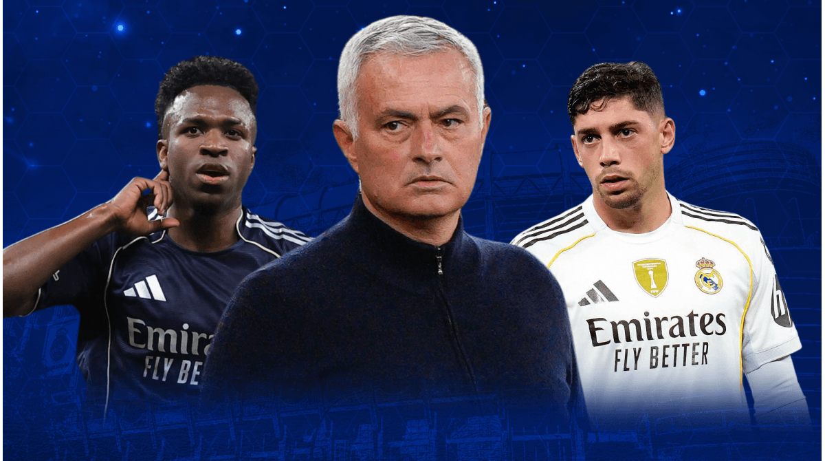 Vinícius Jr., José Mourinho, and Federico Valverde collage