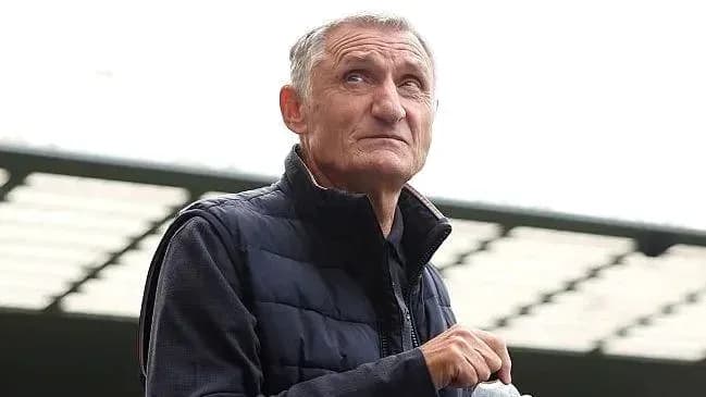 Man in a vest looking up at stadium
