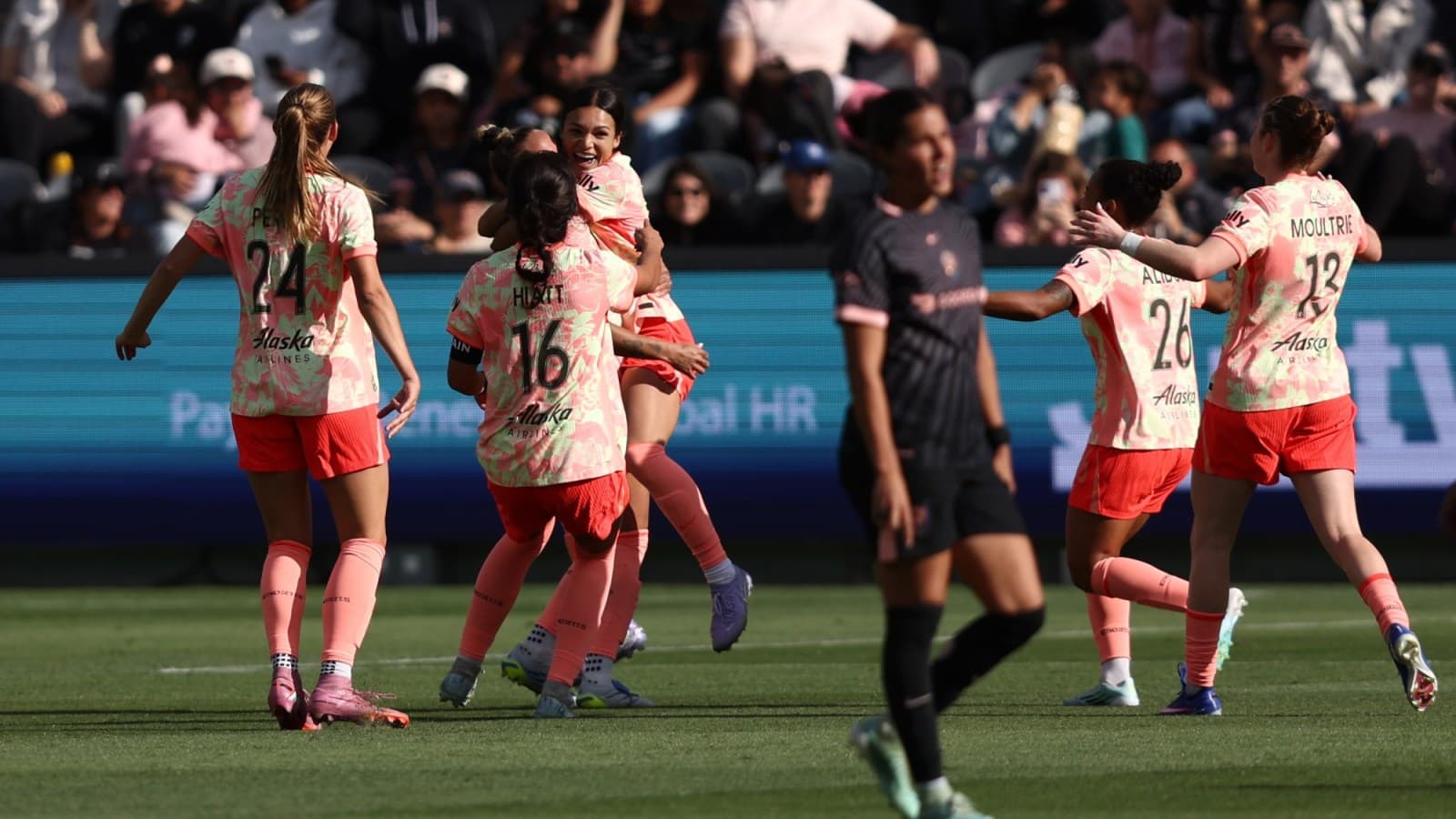 Portland Thorns celebrating a goal in match Portland Thorns celebrating a goal in match