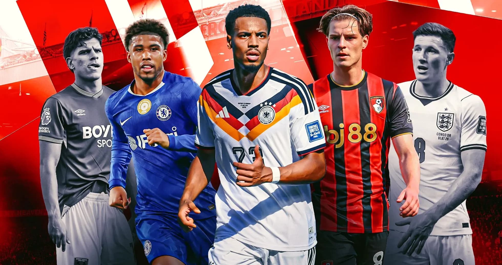 Five football players in club jerseys on red background