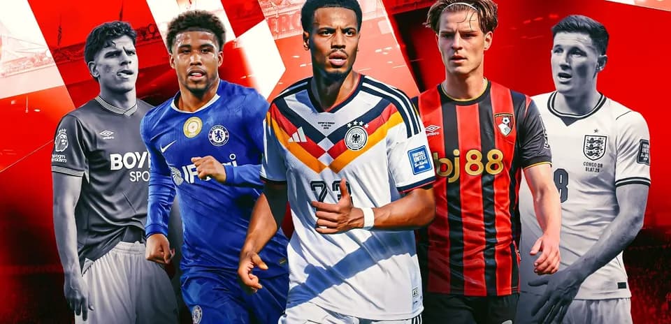 Five football players in club jerseys on red background