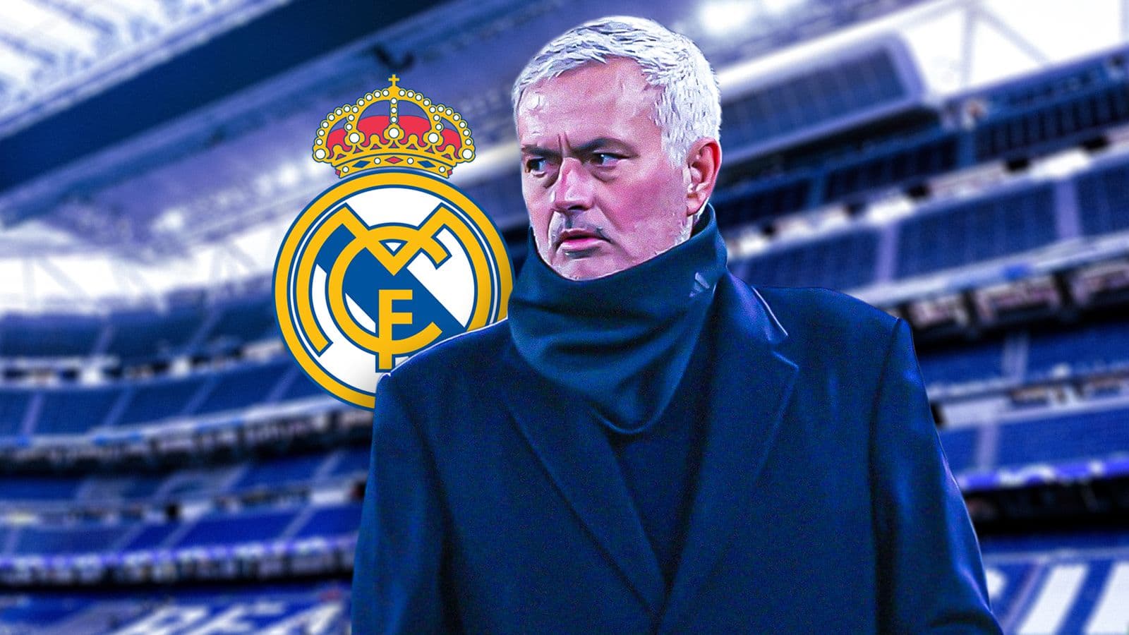 Manager at stadium with Real Madrid logo background