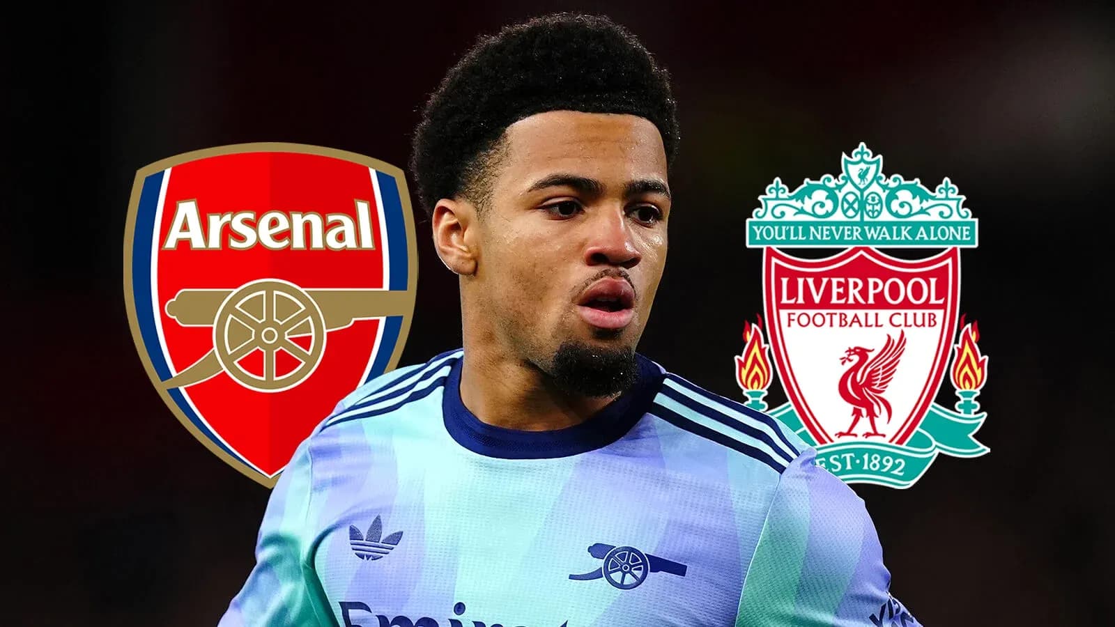 Player in Arsenal kit with Liverpool and Arsenal logos