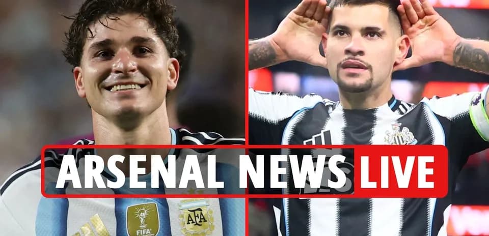 Two football players celebrating, Arsenal news banner