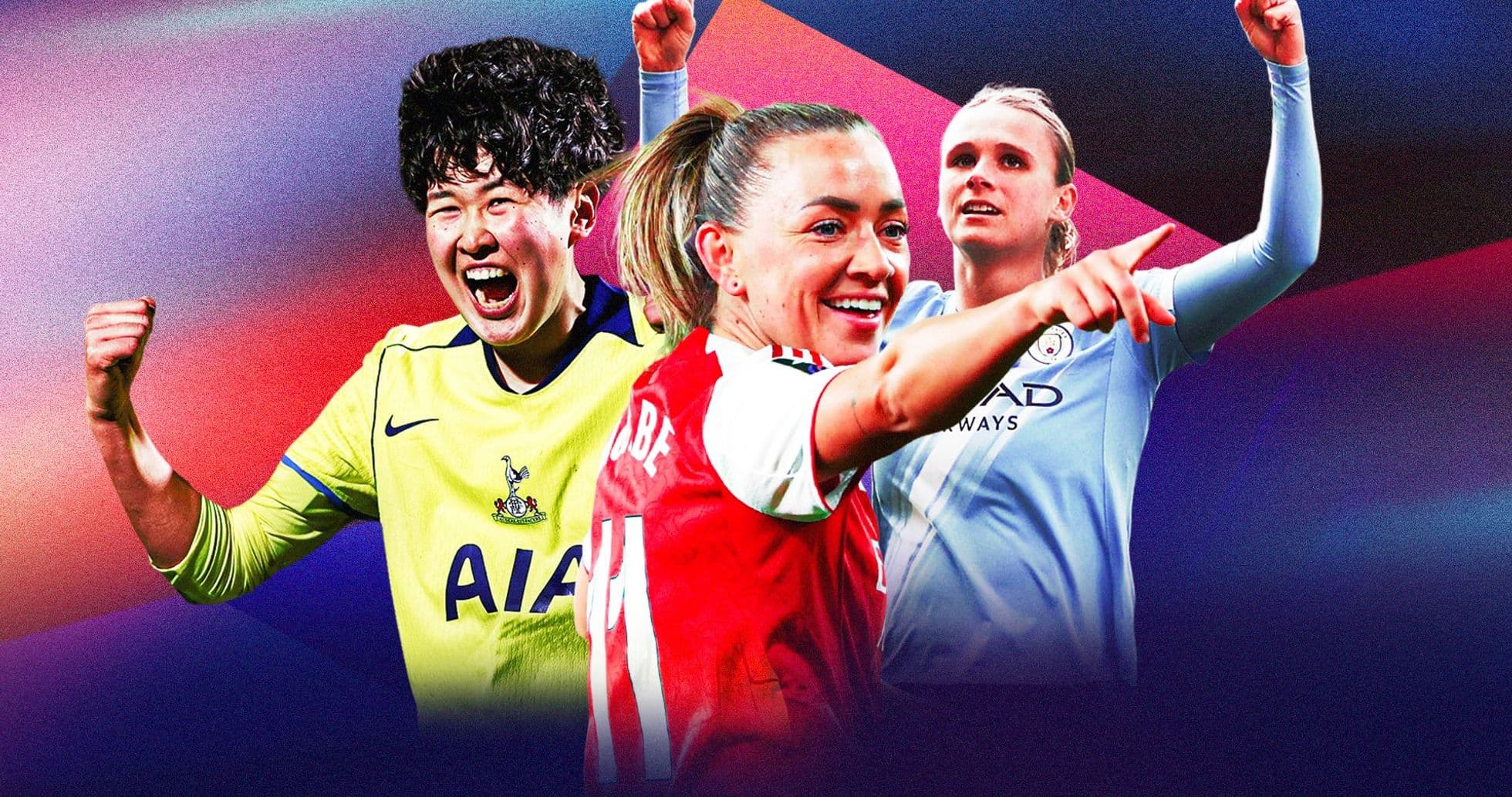 Three female football players celebrating in colorful background