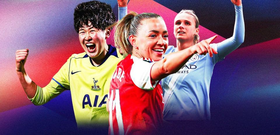 Three female football players celebrating in colorful background