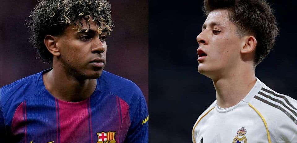 Players from FC Barcelona and Real Madrid facing each other
