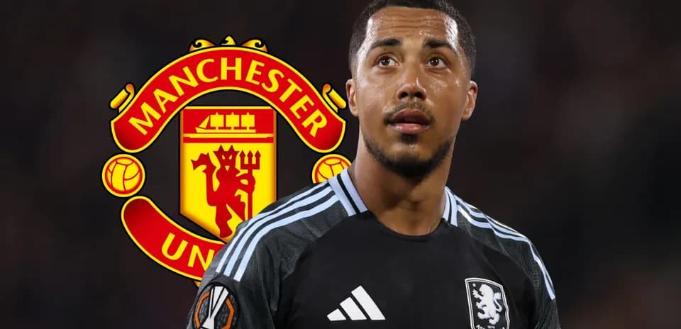 Aston Villa goalkeeper with Manchester United logo background