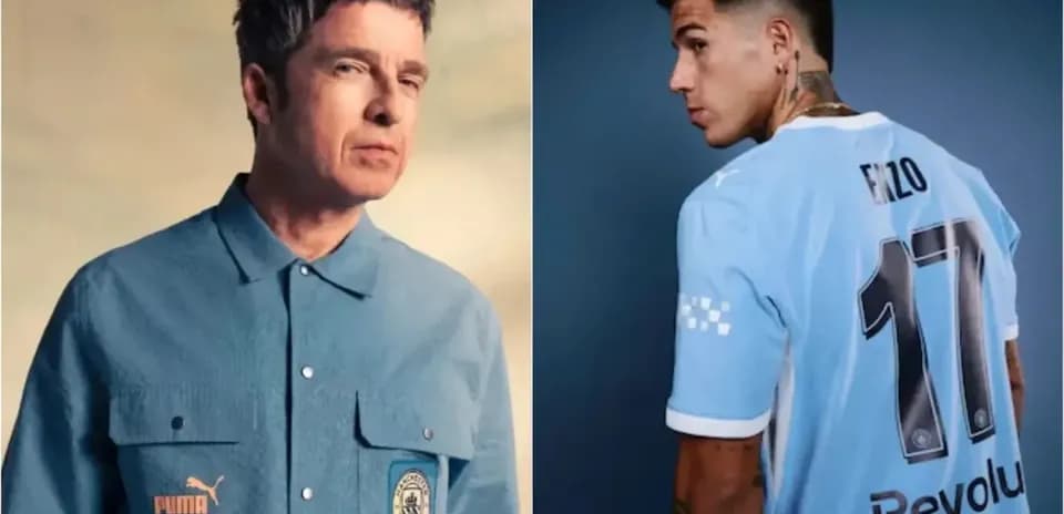 Man in blue shirt and football player in jersey