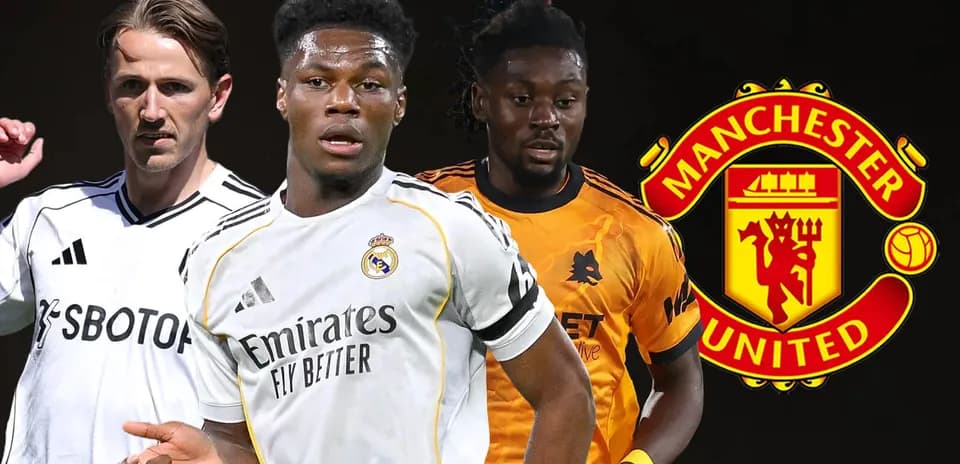 Three football players with Manchester United logo