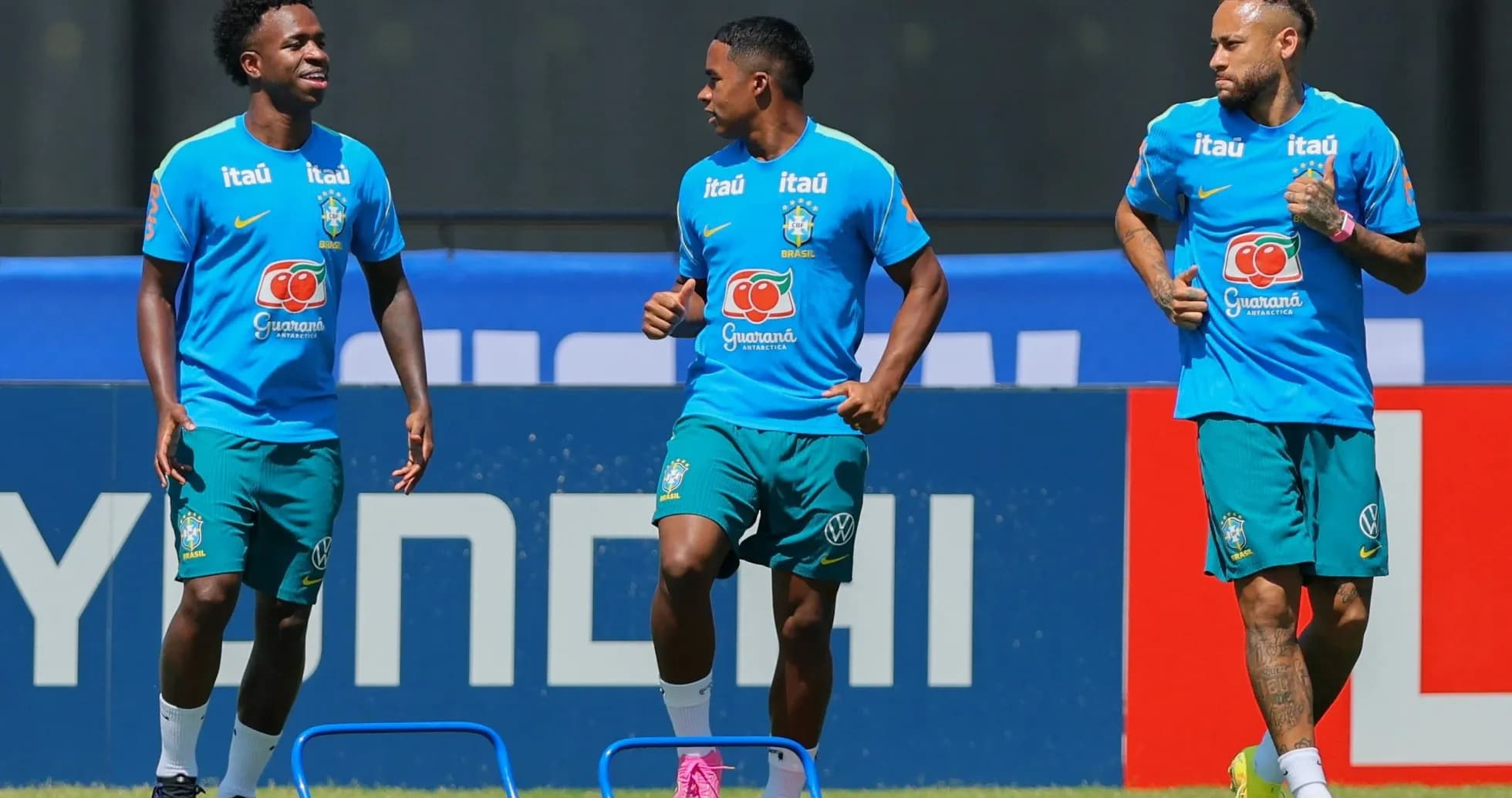 Brazilian players training for World Cup match