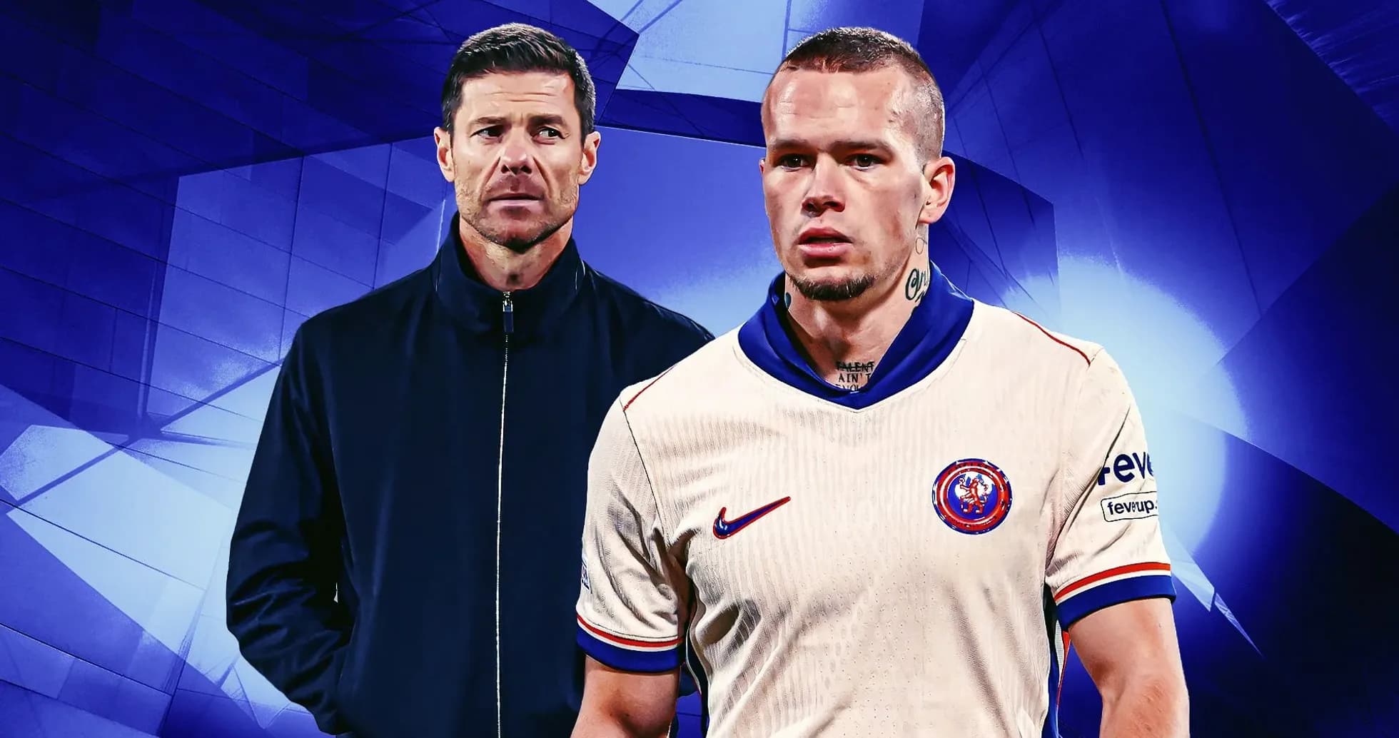 Coach and player posing in graphic design background