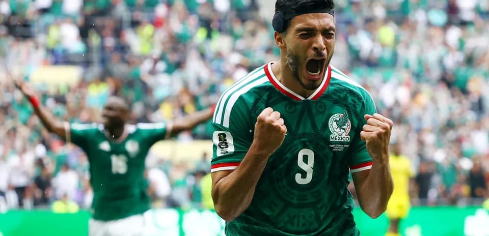Raúl Jiménez celebrating goal for Mexico