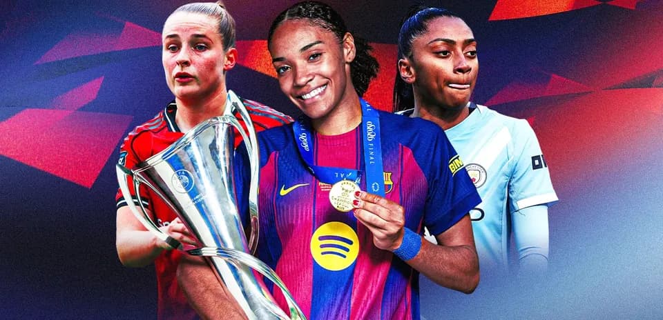 Three women football players with a trophy and medal