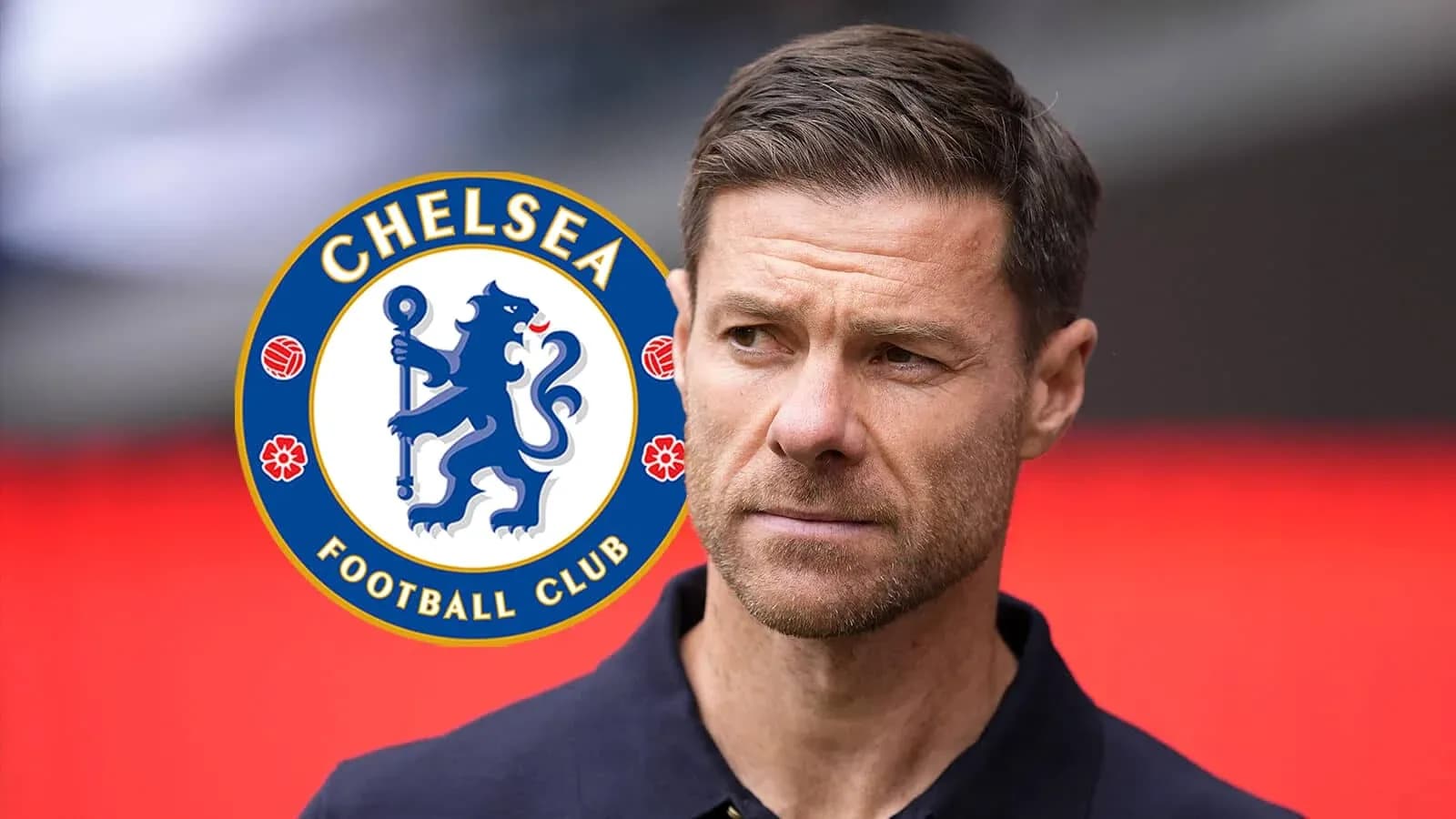 Man with Chelsea Football Club logo in background