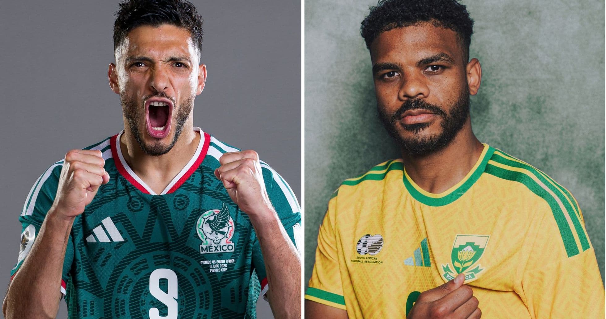Mexico and South Africa players posing in jerseys
