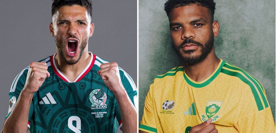 Mexico and South Africa players posing in jerseys