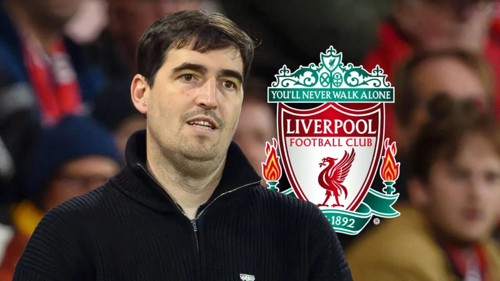 Man standing with Liverpool FC logo in background