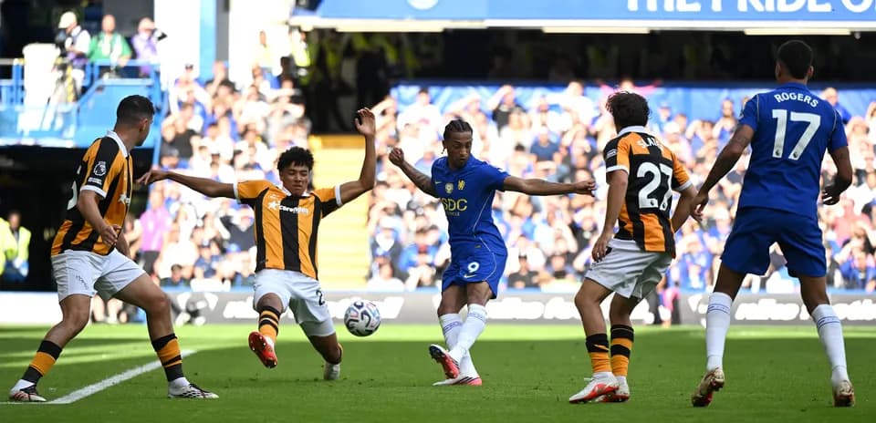 Chelsea player striking the ball against Hull City