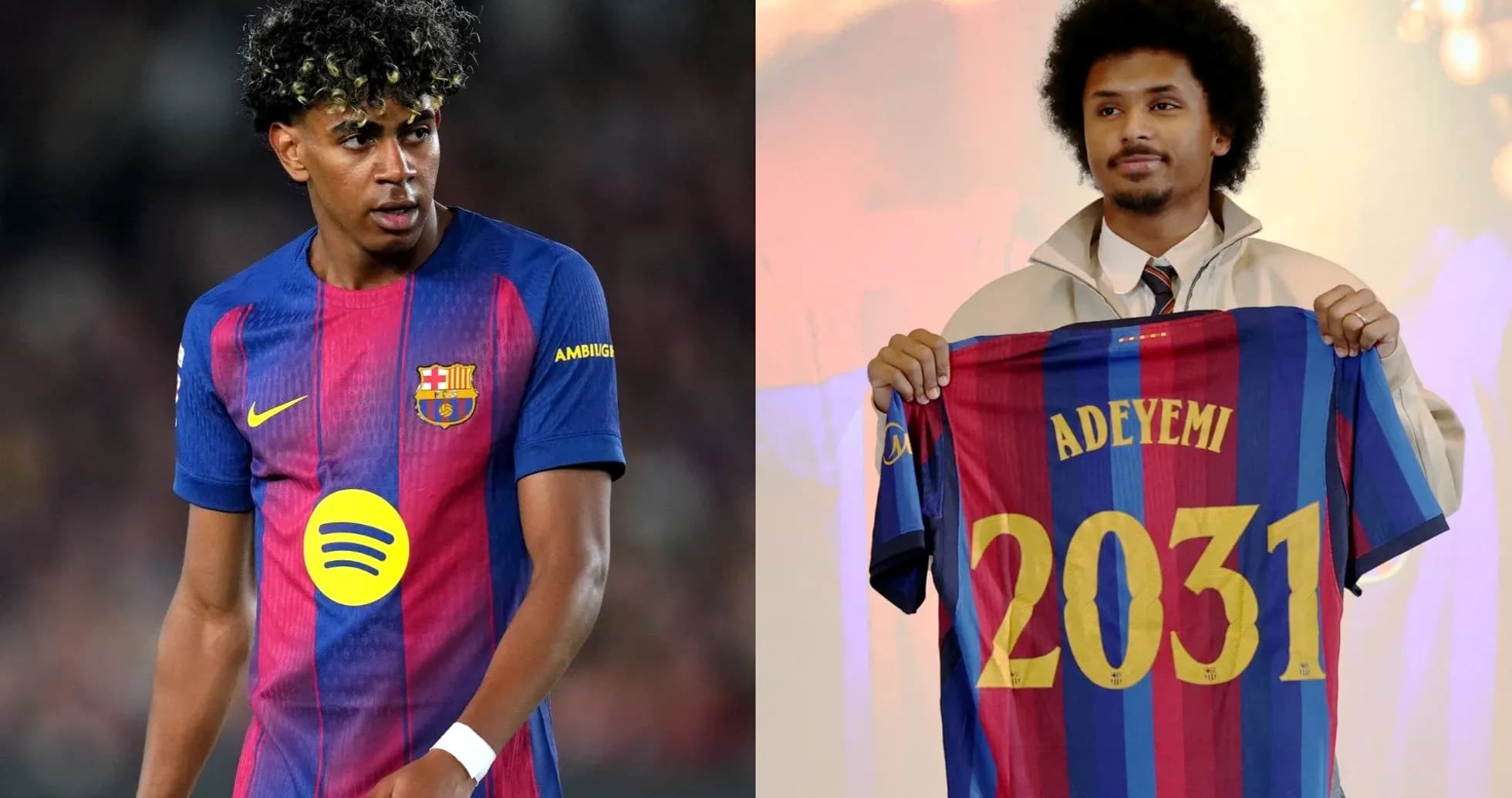 Barcelona player and new signing holding jersey