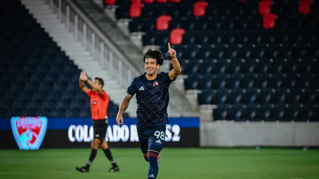 Player celebrating goal during Colorado Rapids II match
