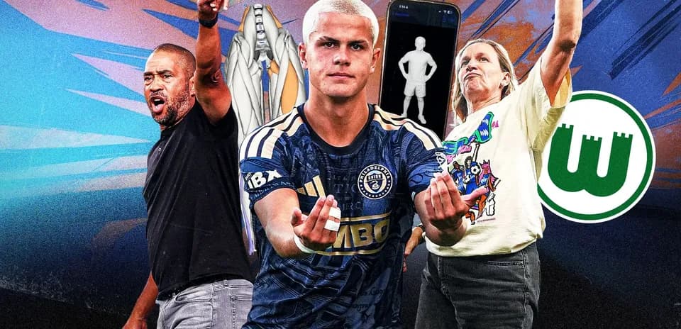 Three people celebrating with sports gestures and logos