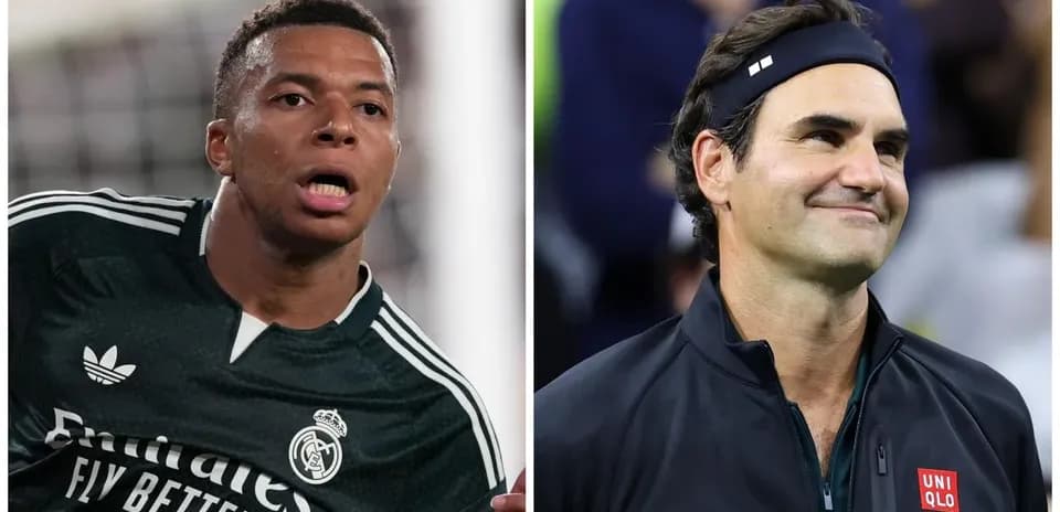 Kylian Mbappé and Roger Federer in split image