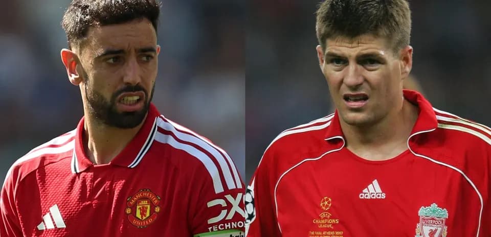 Bruno Fernandes and Steven Gerrard in football jerseys
