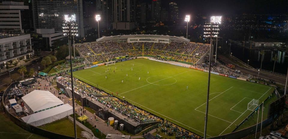 Night view of football match at stadium