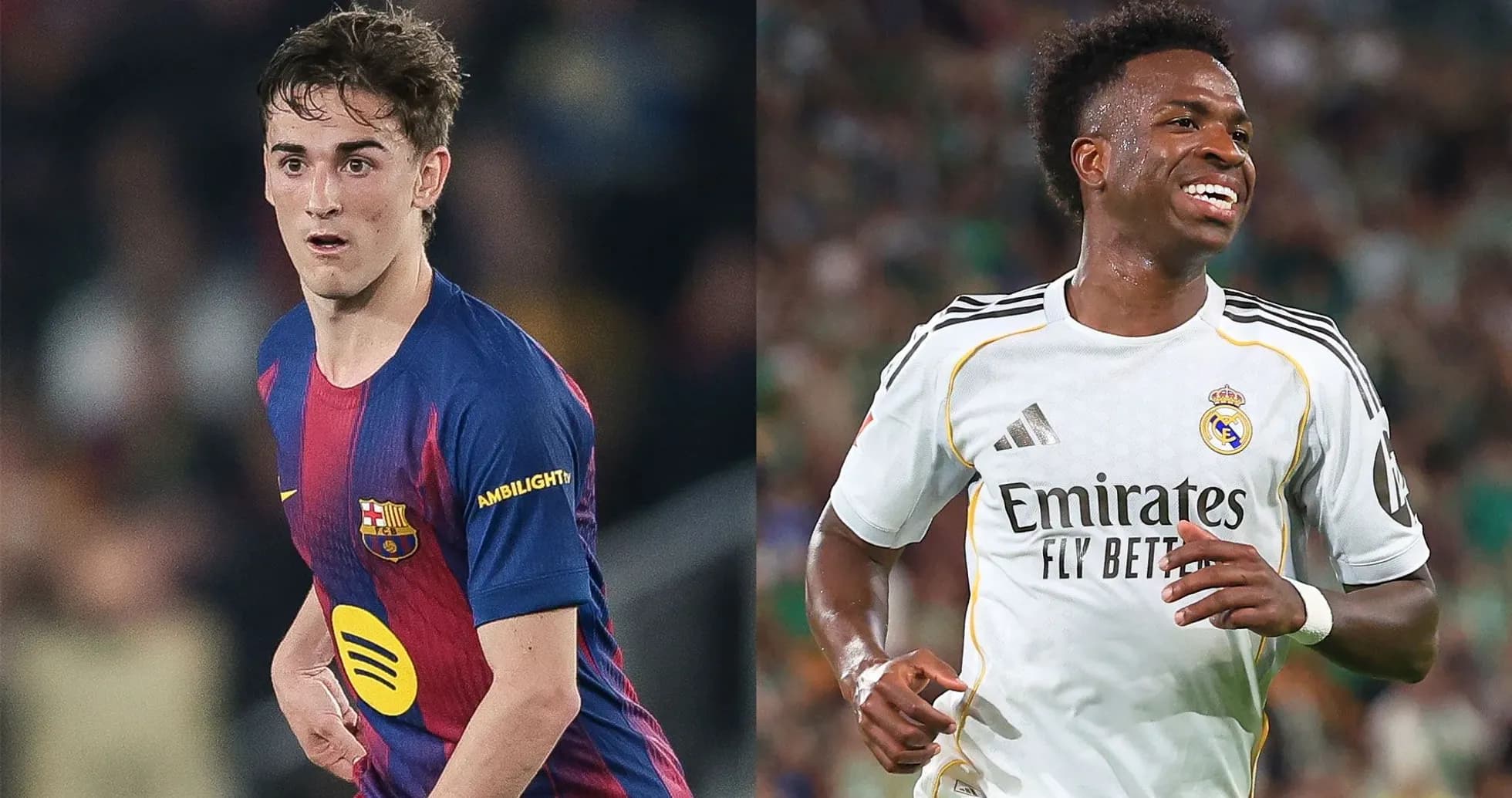 Two football players in Barcelona and Real Madrid jerseys