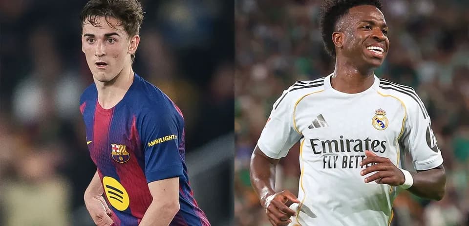 Two football players in Barcelona and Real Madrid jerseys