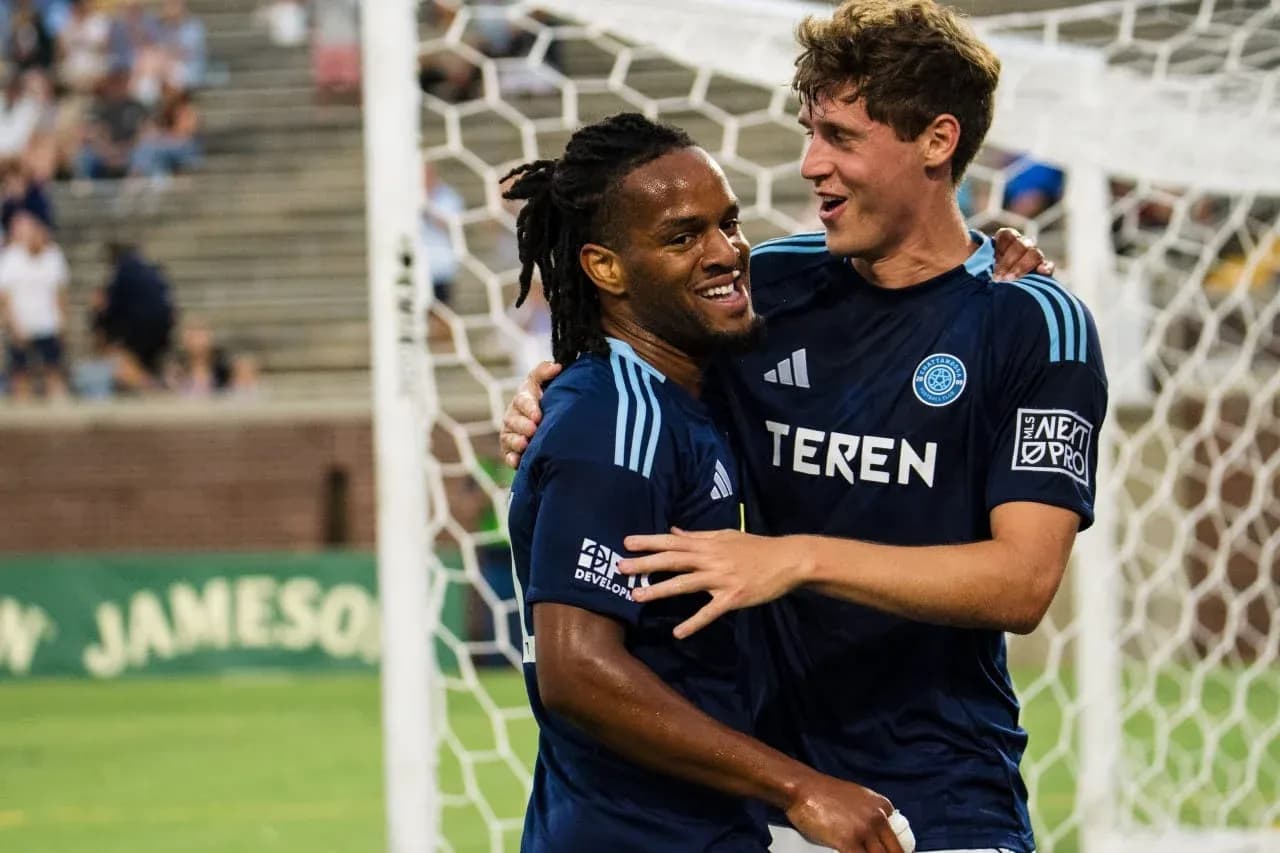 Players celebrating a goal during MLS Next Pro match