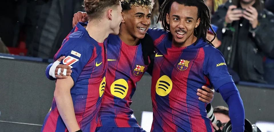 Barcelona players celebrating a goal together
