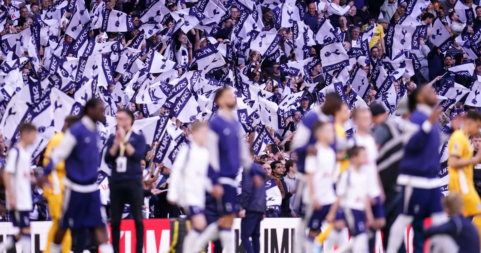 Fans waving flags during match at stadium