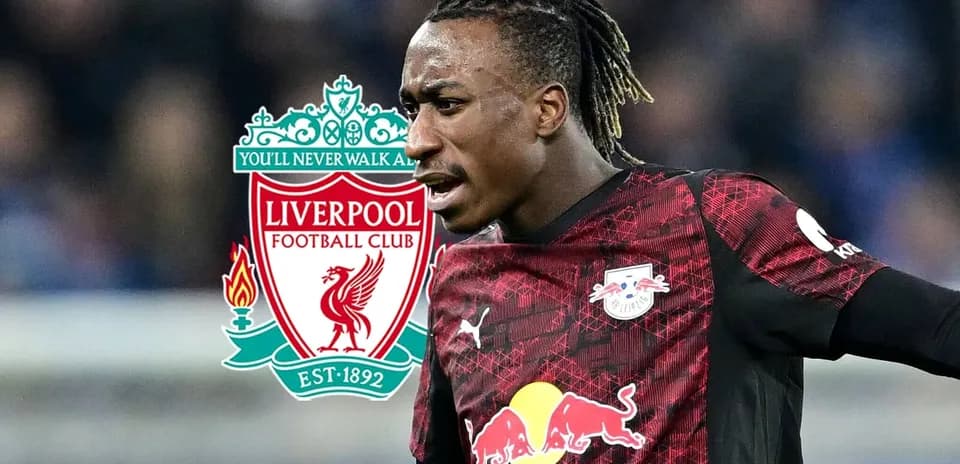 Player in RB Leipzig kit with Liverpool logo background