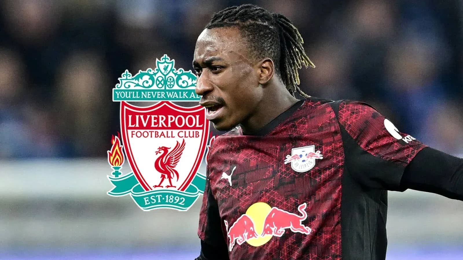 Player in RB Leipzig kit with Liverpool logo background
