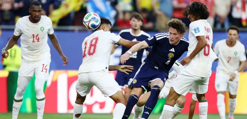 Scotland and Morocco players contesting for the ball